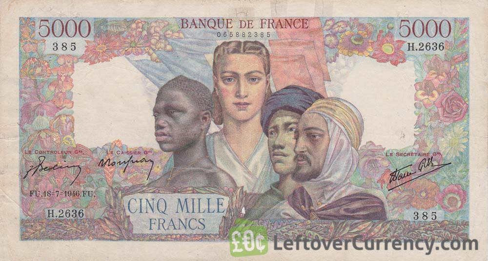 5000 French Francs banknote (Billet Union Française) obverse accepted for exchange