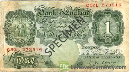 Bank of England 1 Pound Sterling banknote - Britannia type green obverse accepted for exchange