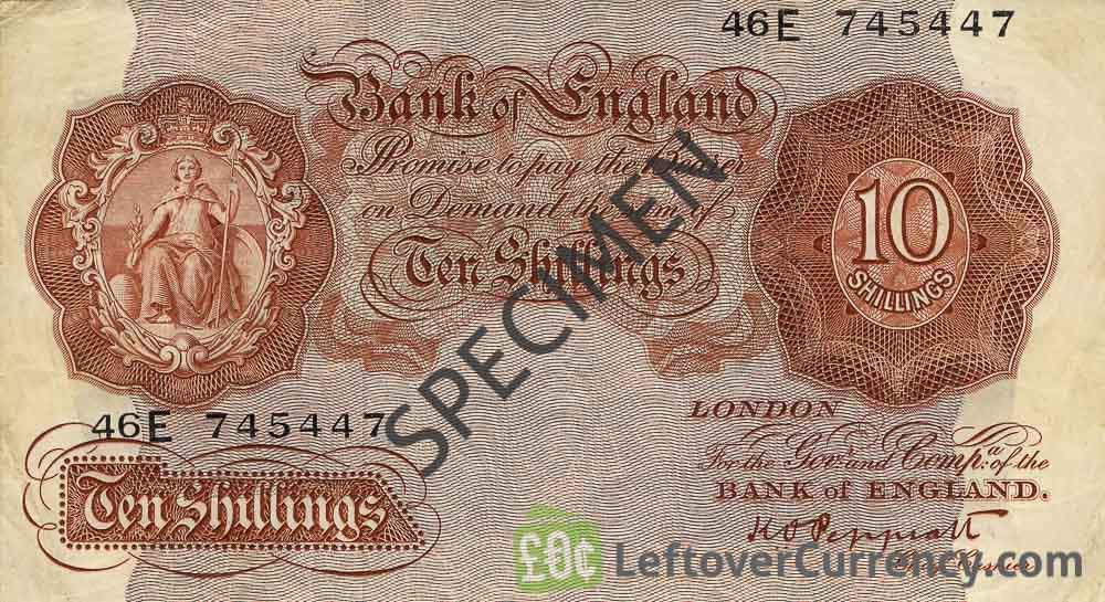 Bank of England 10 Shillings banknote - Britannia type red obverse accepted for exchange