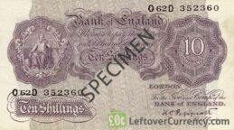 Bank of England 10 Shillings banknote - Britannia type violet obverse accepted for exchange