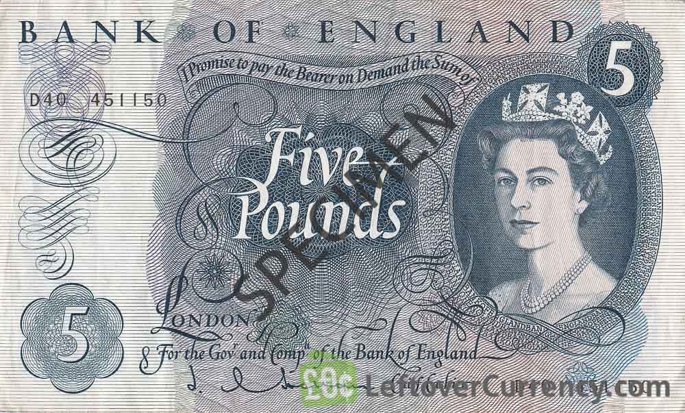 Bank of England 5 Pounds banknote - HM the Queen portrait type obverse accepted for exchange