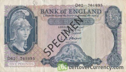 Bank of England 5 Pounds Sterling banknote (Helmeted Britannia) obverse accepted for exchange