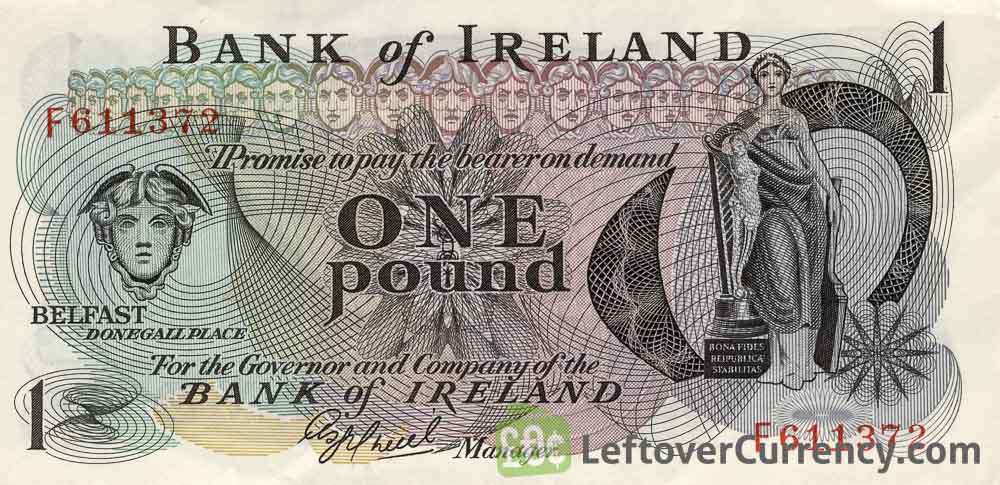 Bank of Ireland 1 Pound banknote - Mercury obverse accepted for exchange
