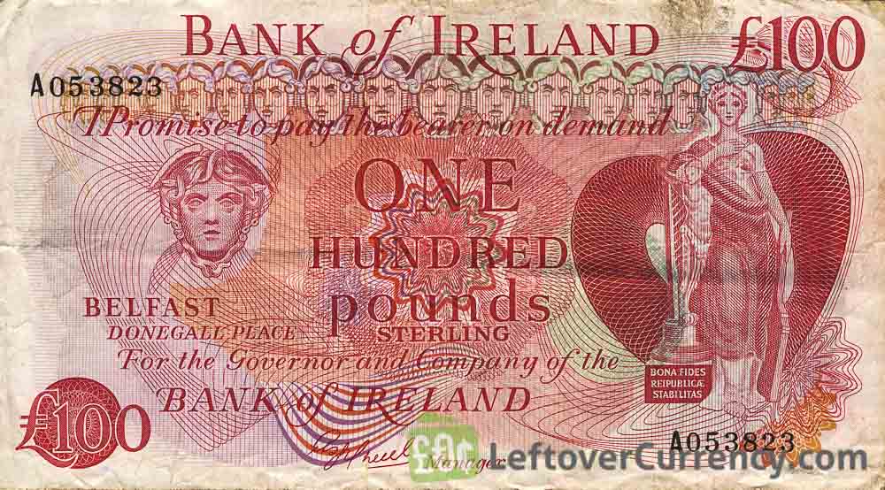 Bank of Ireland 100 Pounds banknote - Mercury obverse accepted for exchange