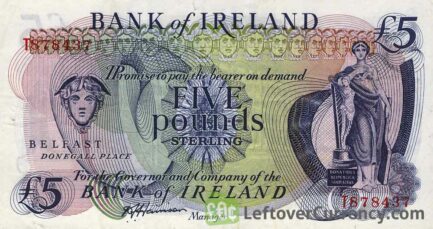 Bank of Ireland 5 Pounds banknote - Mercury obverse accepted for exchange