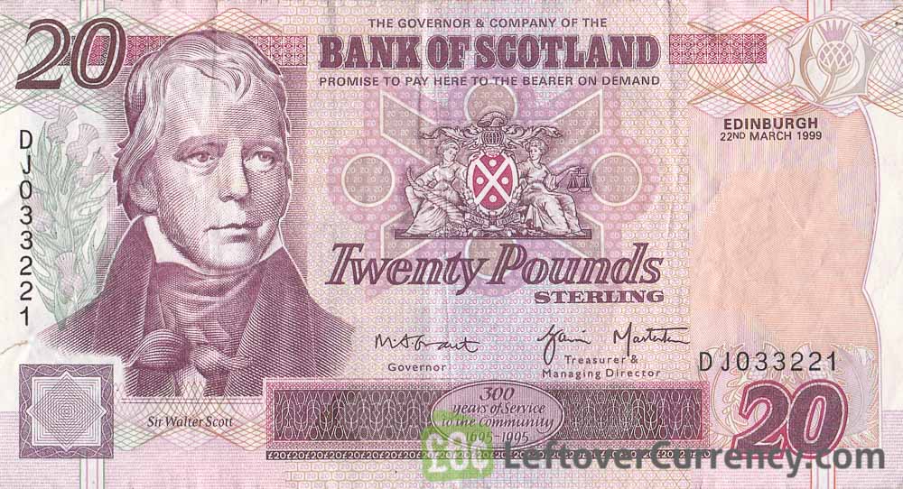 Bank of Scotland 20 Pounds banknote - 1995-2006 series obverse accepted for exchange