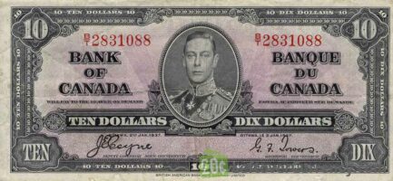 10 Canadian Dollars banknote series 1937 obverse accepted for exchange