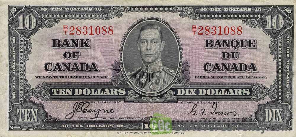 10 Canadian Dollars banknote series 1937 obverse accepted for exchange