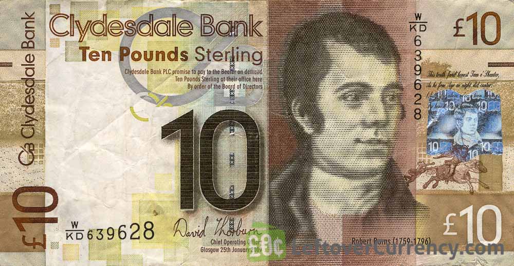 Clydesdale Bank 10 Pounds banknote obverse accepted for exchange