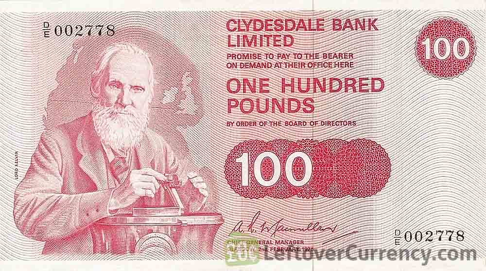 Clydesdale Bank 100 Pounds banknote (1985-1991 series)