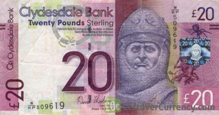 Clydesdale Bank 20 Pounds banknote obverse accepted for exchange