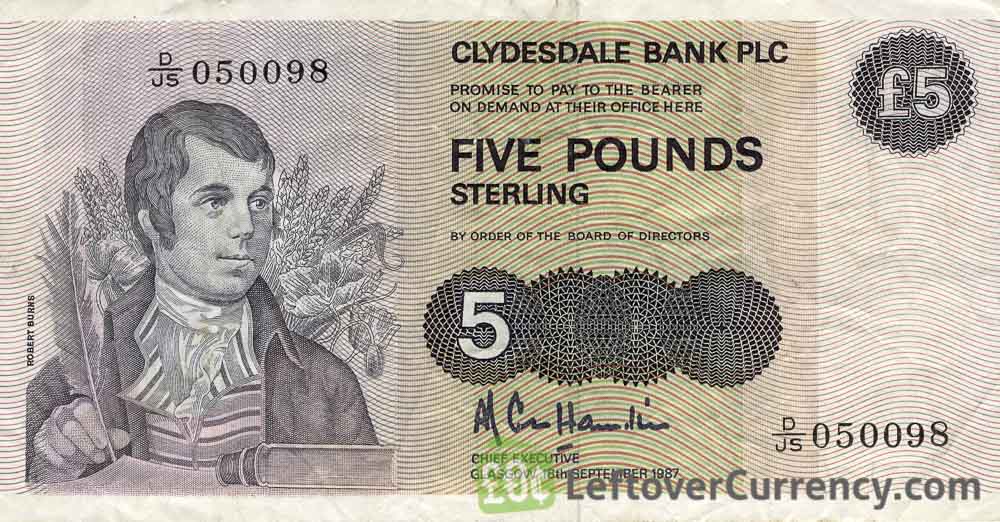 Clydesdale Bank 5 Pounds banknote - 1982-1989 series obverse accepted for exchange