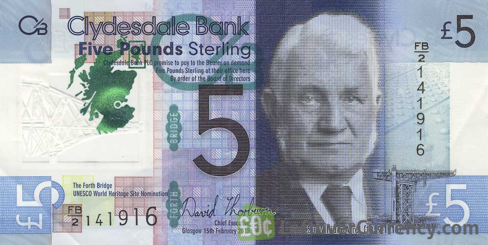 Clydesdale Bank 5 Pounds banknote (2015 series) obverse