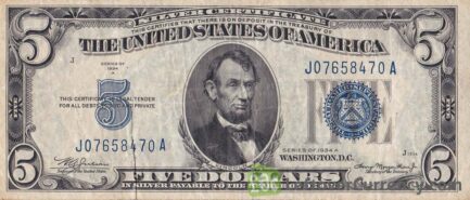 Five Dollars Silver Certificate blue seal obverse accepted for exchange
