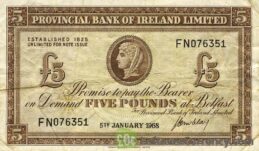 Provincial Bank of Ireland Limited 5 Pounds banknote - Bank building obverse accepted for exchange