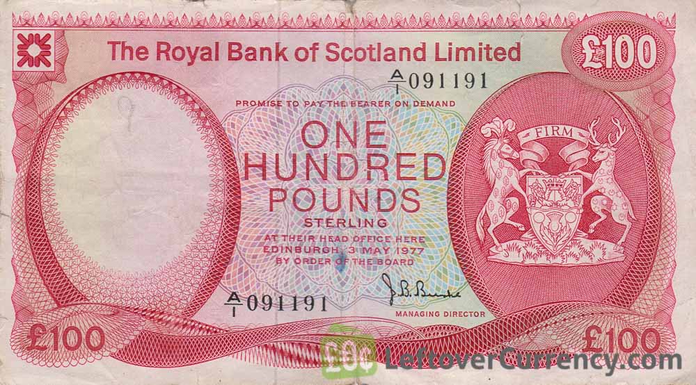 The Royal Bank of Scotland limited 100 Pounds banknote (1982-1985 series) obverse accepted for exchange