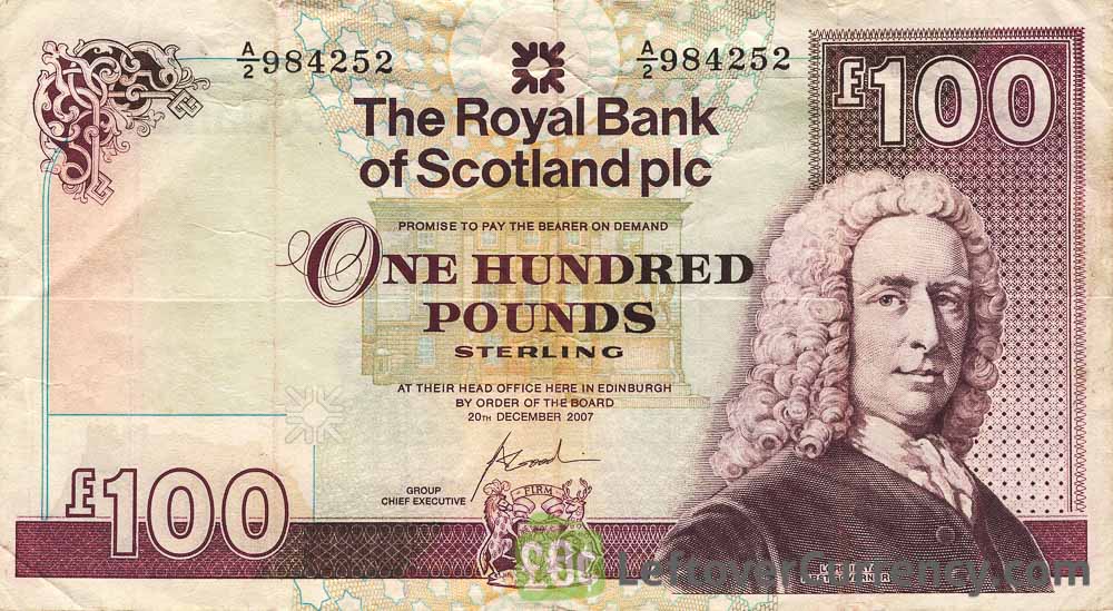 The Royal Bank of Scotland plc 100 Pounds banknote obverse accepted for exchange