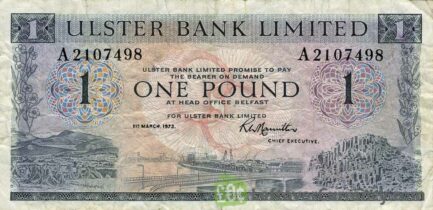 Ulster Bank Limited 1 Pound banknote - series 1966-1976 obverse accepted for exchange