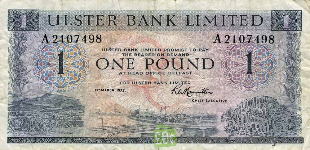 Ulster Bank Limited 1 Pound banknote - series 1966-1976 obverse accepted for exchange