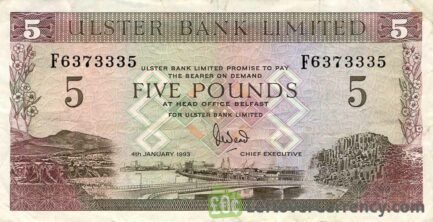 Ulster Bank Limited 5 Pounds banknote - series 1989-2007 obverse accepted for exchange
