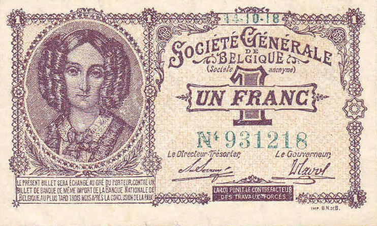 1 Belgian Franc banknote - Societe Generale