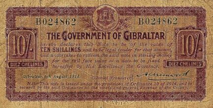 10 Shillings banknote Gibraltar - 1914 Emergency series B