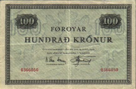 100 Faroese Kronur banknote 1949 green