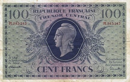 100 French Francs banknote - Tresor Central type Marianne