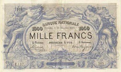 1000 Belgian Francs banknote - type 1869 blue