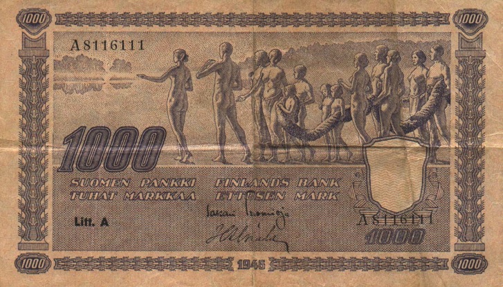 1000 Finnish Markkaa banknote - 1945