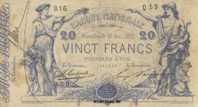 20 Belgian Francs banknote - type 1869