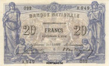 20 Belgian Francs banknote - type 1892