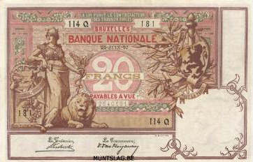 20 Belgian Francs banknote - type Brique