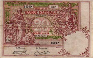 20 Belgian Francs banknote - type Vermillon