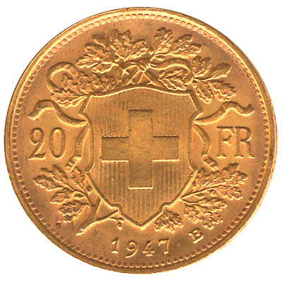 20 Swiss Francs coin vreneli obverse accepted for exchange
