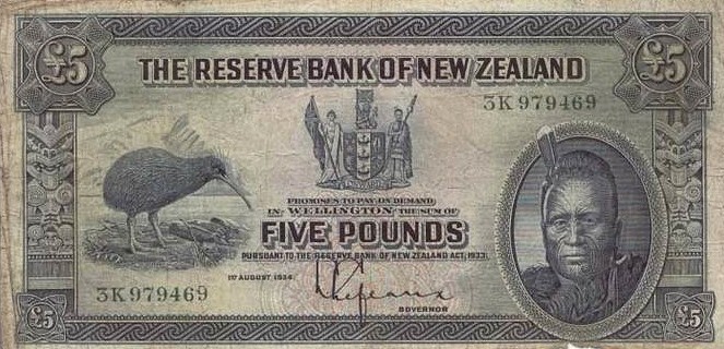 5 New Zealand Pounds banknote- Maori chief