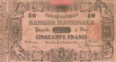 50 Belgian Francs banknote - type 1851 pink paper