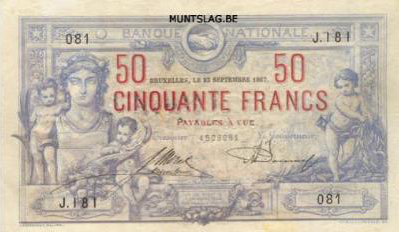 50 Belgian Francs banknote - type 1869 red font