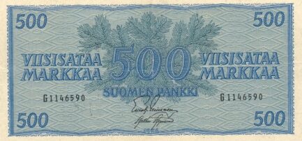 500 Finnish Markkaa banknote - 1945 conifer branch
