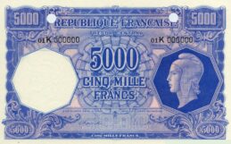 5000 French Francs banknote - Tresor Central type Marianne