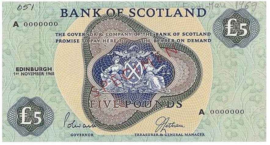 Bank of Scotland 5 Pounds banknote - 1968-1969 series