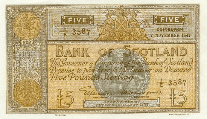 Bank of Scotland 5 Pouns banknote - 1935-1953 series