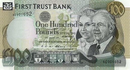 First Trust Bank 100 Pounds banknote - Mature man and woman
