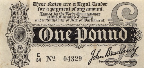 HM Treasury One Pound banknote - King George V black white