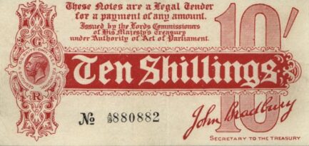 HM Treasury Ten Shillings banknote- King George V red white