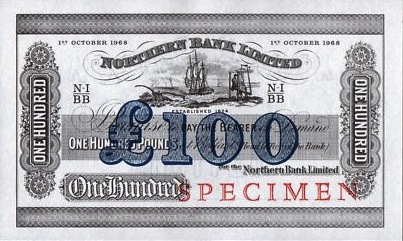 Northern Bank 100 Pounds banknote - series 1919-1968