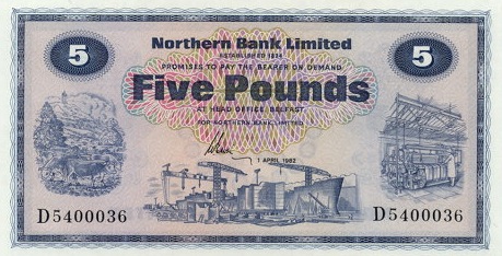 Northern Bank 5 Pounds banknote - series 1970-1986