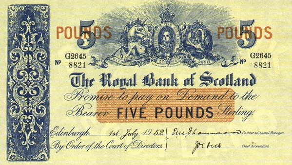 The Royal Bank of Scotland 5 Pounds banknote - 1909-1965 series
