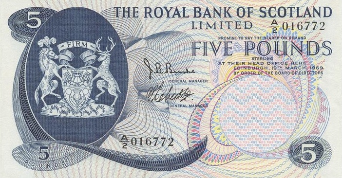 The Royal Bank of Scotland 5 Pounds banknote - 1969-1970 series