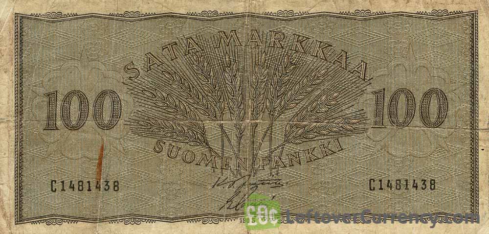 100 Finnish Markkaa banknote (1955 wheat gray)